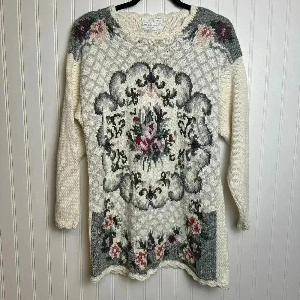 Vintage Jennifer Reed knitted by hand floral scallop sweater cottagecore large